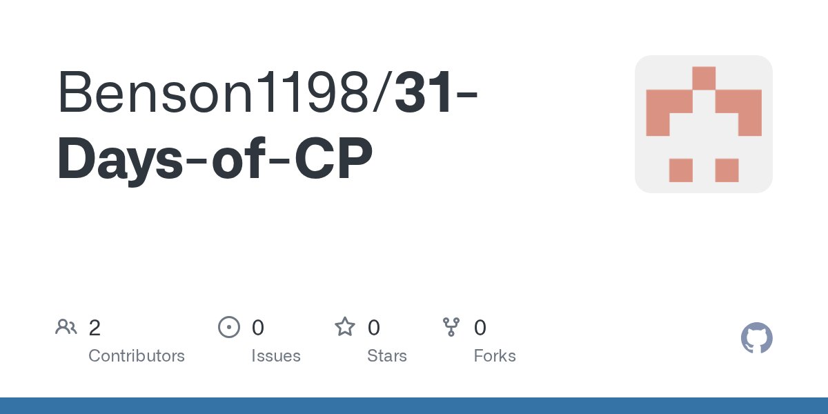 BensonPXavier's tweet card. Contribute to Benson1198/31-Days-of-CP development by creating an account on GitHub.