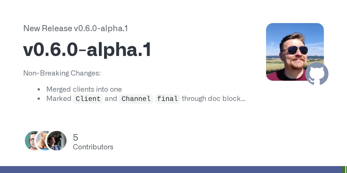 WyriHaximus's tweet card. Non-Breaking Changes: Merged clients into one Marked Client and Channel final through doc block and introduced interfaces for them for unit testing Dropped build in event loop, socket, and stream ...