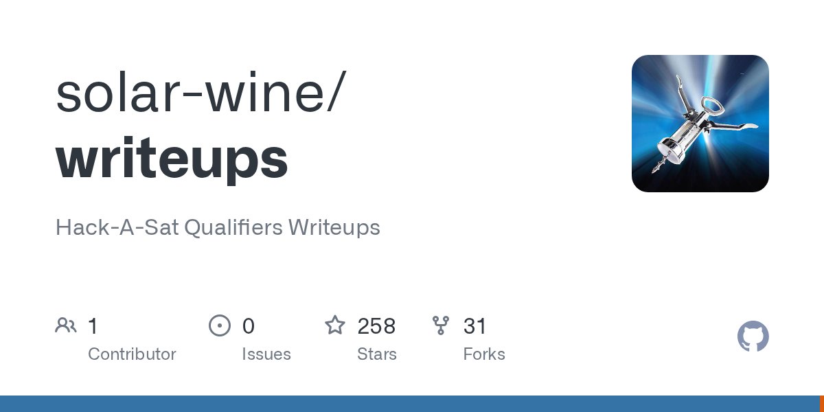 solarwine_ctf's tweet card. Hack-A-Sat Qualifiers Writeups. Contribute to solar-wine/writeups development by creating an account on GitHub.