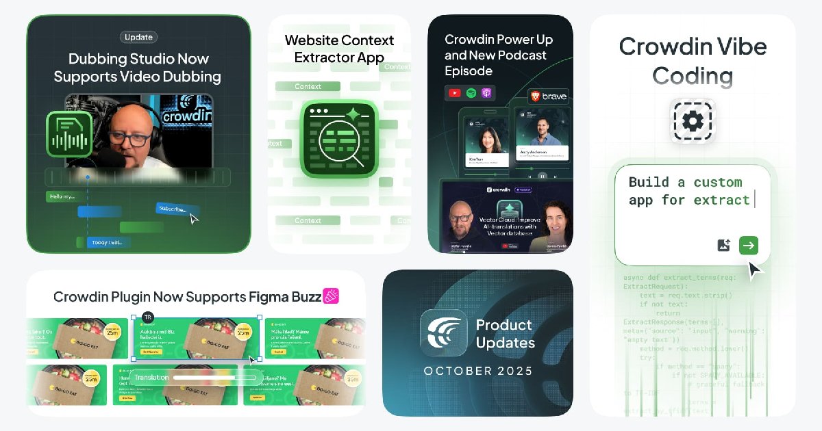 crowdin's tweet card. Video dubbing, vibe-coding of apps, crowdin ai automator, translation alignment