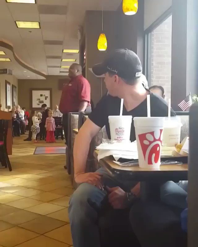 .Extremely Patriotic! A man proudly singing ‘God Bless the U.S.A’ at a Chick-Fil-a.. This is the America I love!🇺🇸❤️