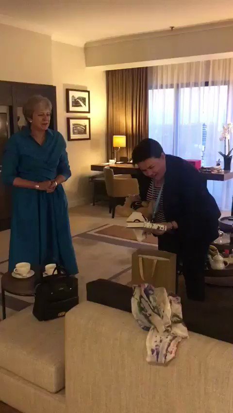 Had a pre #CPC18 meeting with @theresa_may to discuss all things conference/Brexit/budget. Didn't expect to be surprised with a gift for the wee one at the end (including the PM's favourite book, Swallows & Amazons, for when they're older).