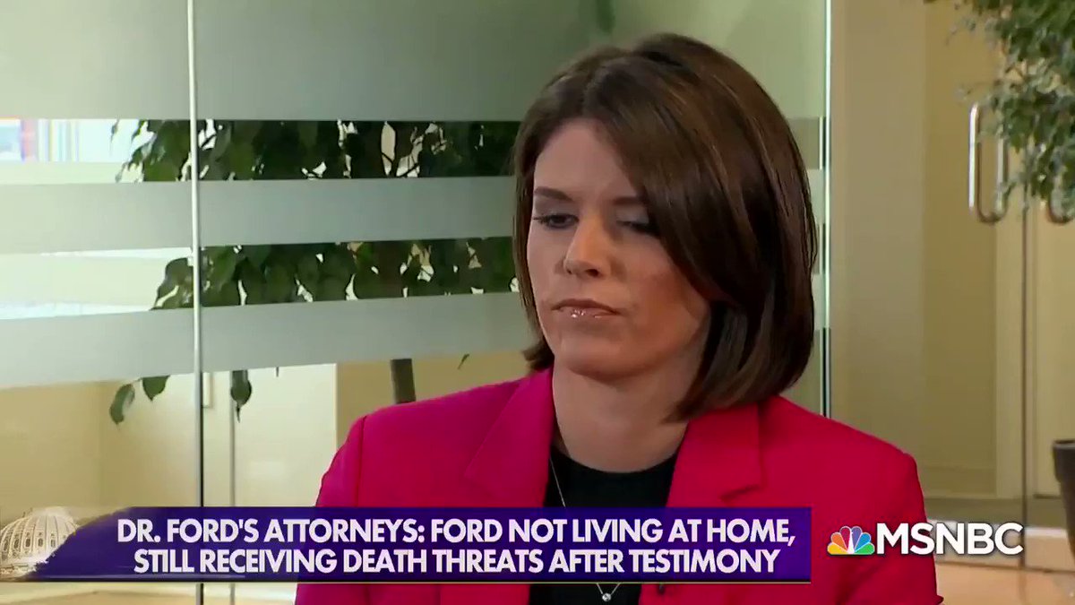 Dr. Christine Blasey Ford's attorneys tell @kasie that Ford is still not living at home and can't for "quite some time."
She is still receiving "unending" death threats.
