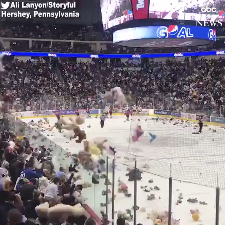 More than 34,000 teddy bears were tossed onto the ice after the Hershey Bears won a hockey game against Binghamton. Fans who threw the bears—that will be donated to charity—helped the team break a world record, surpassing the previous one of 28,000 bears. https://abcn.ws/2RzLJK5