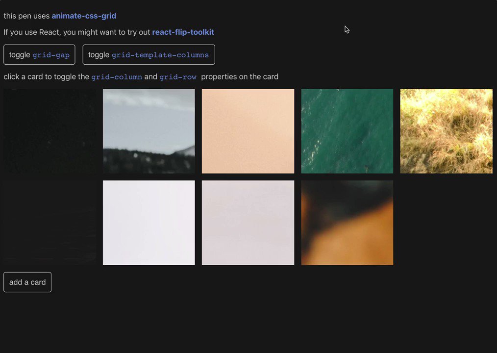 Animate CSS Grid: https://github.com/aholachek/animate-css-grid/blob/master/README.md …
> This small script makes it easy to make sure your CSS grid transitions gracefully from one state to another.
(Using FLIP!)