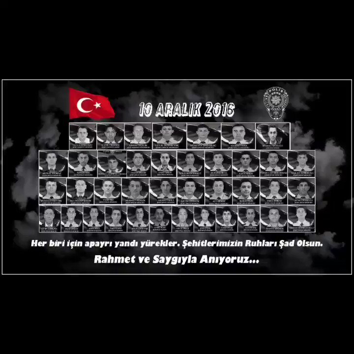 Bugün sadece Siyah...
10 Aralık 2016
Hain terör saldırısında kaybettiğimiz şehitlerimizi saygı ve rahmetle anıyoruz...