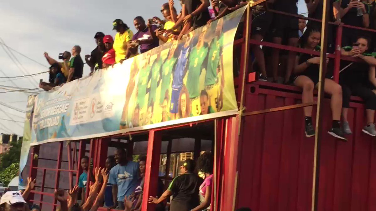 Happening now: Reggae Girlz motorcade Hype Zone in Spanish Town. #ReggaeGirlz #FIFA #WomensWorldCup #Jamaica