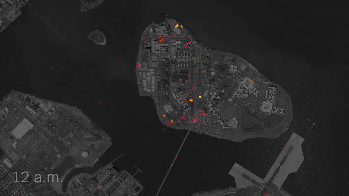 Companies say location data pulled from phone apps is anonymous, but our investigation reveals how personal it is.
Devices are visible traveling to, from and around the jail on Rikers Island. Devices, probably belonging to staff, can be traced to homes. https://nyti.ms/2EnP4Ig