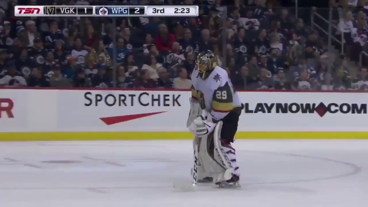 Marc Andre Fleury tried to pile up a snow wall in front of the empty net to defend it in his absence and gets caught by the referees.