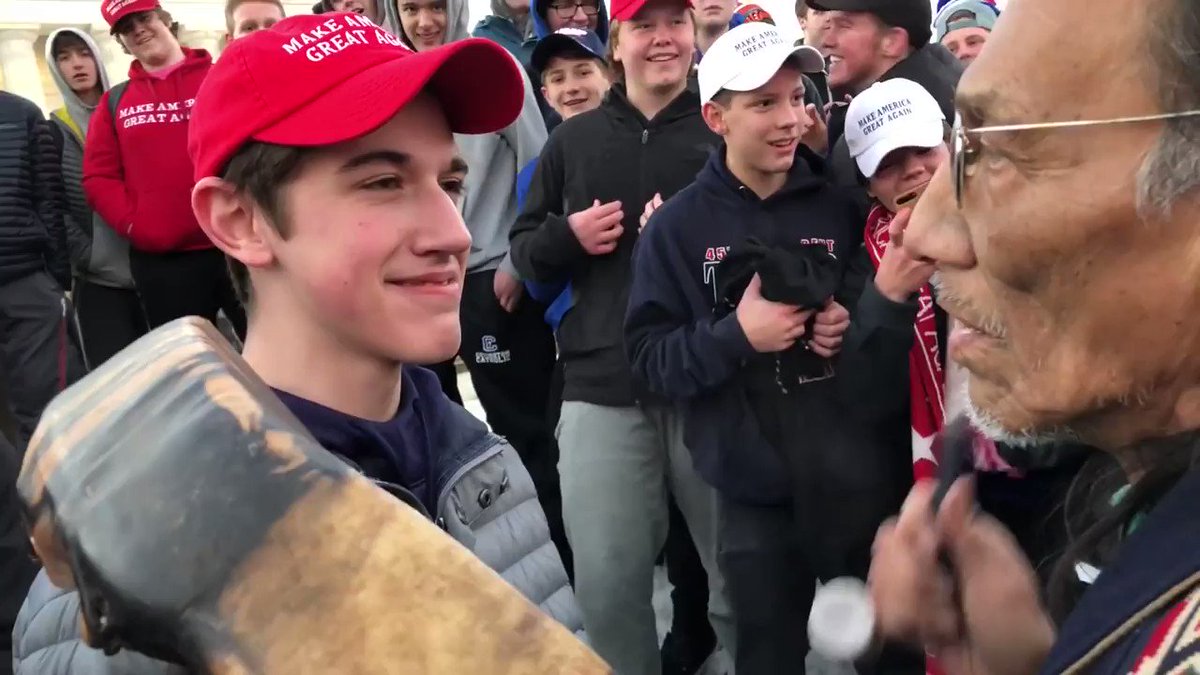 A group of students from Covington Catholic High School were mocking Nathan Phillips, a Vietnam veteran, as he was singing the AIM Song during the Indigenous Peoples March.
Doesn't matter what side of the aisle you're on, this is unacceptable.
