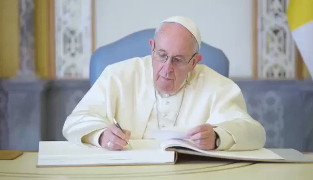 HH Sheikh Mohammed bin Rashid & HH Sheikh Mohammed bin Zayed, present His Holiness Pope Francis, the UAE gift which is an original document signed by the late Sheikh Shakhbut bin Sultan Al Nahyan in 1963, granting a piece of land to build the first Catholic Church in Abu Dhabi.