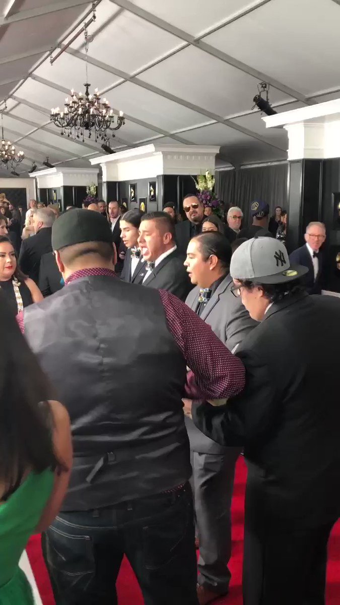 Crowd gathers to listen to Frog Lake, Alberta-based group Young Spirit perform what they told me is a Cree round dance. They were nominated for best regional roots album. Said they hope the music inspires Indigenous youth to “stand up and be proud” #Grammy2019