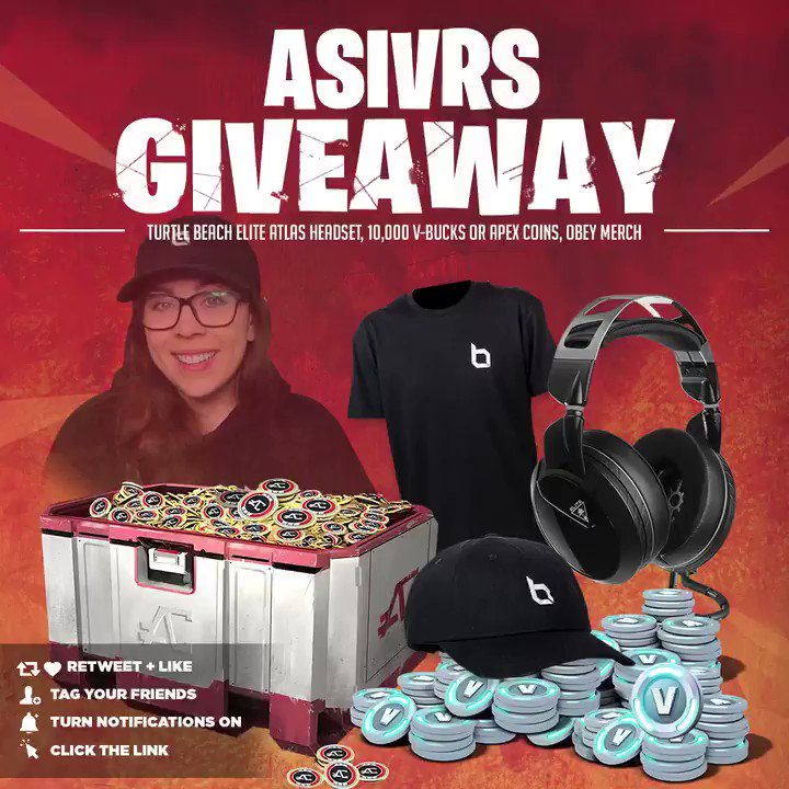 🚨 MASSIVE Giveaway 🚨
🎉Turtle Beach Elite Atlas Headset, Obey Merch, and 10,000 V-BUCKS or APEX COINS
👋 Tag Your Friends
🔔 Turn Notifications On
💞 Retweet, Like & Follow @Asivrs
🖱 Click Here To Enter: https://vast.gg/cqevf/
Winner selected on 2/28/2019