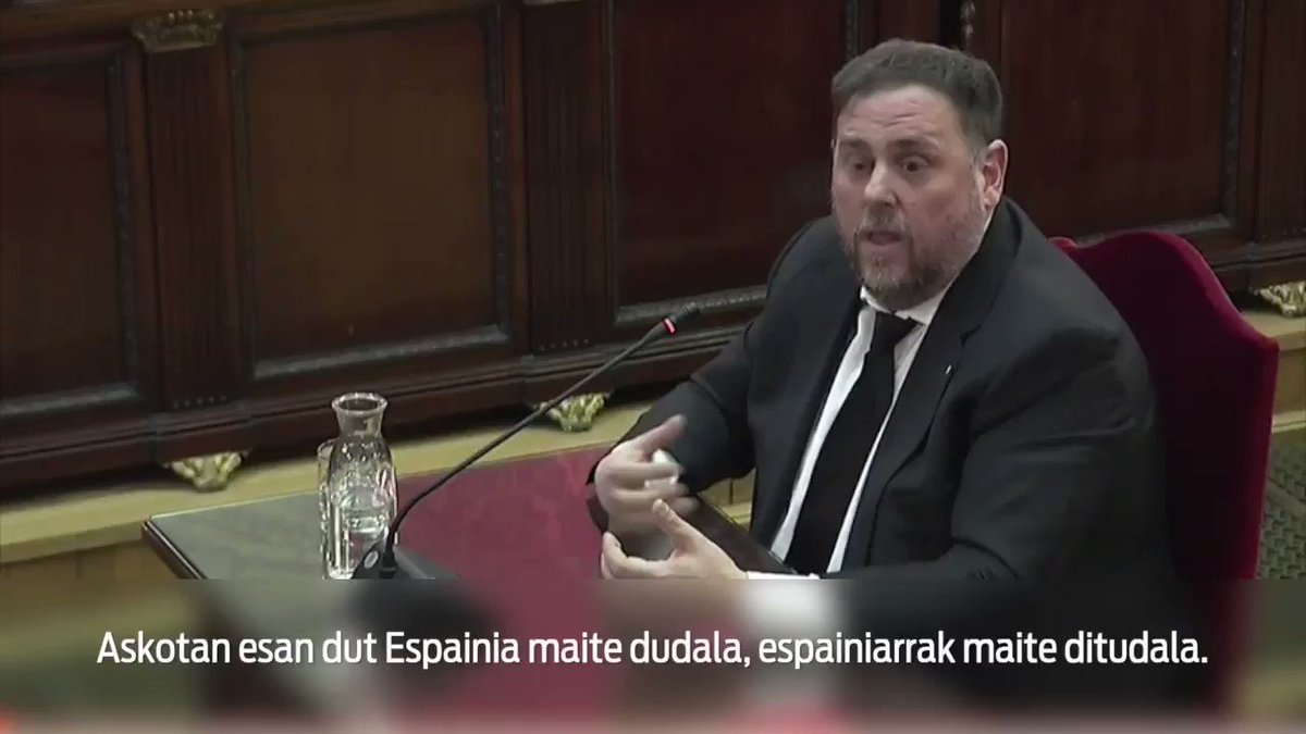 "Bozkatzea ez da delitua. Indarrez hori eragoztea, bai", esan du Oriol Junqueras Kataluniako Generalitateko presidenteorde ohiak. Bere deklarazioaren laburpena hemen:
