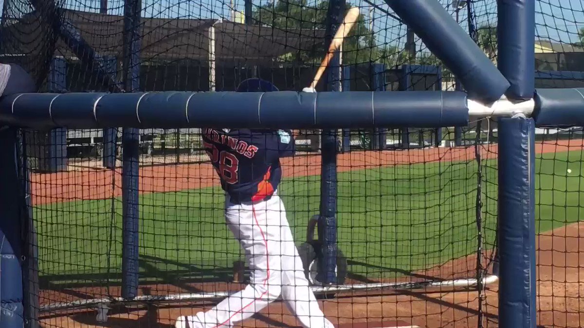Robinson Chirinos (@Robinson28ch) and @MaxStassi10 hit with hitting coach Alex CintrĂ³n (@CintronBaseball) watching.