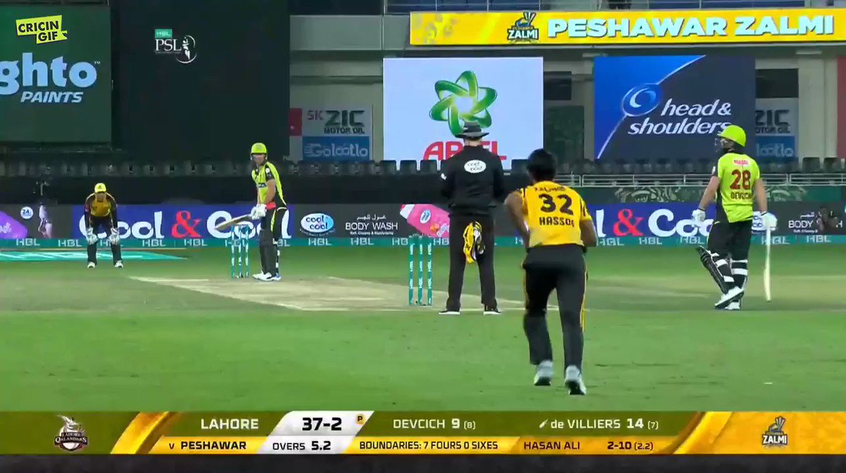 HASAN ALI BOWLS AB DE VILLIERS!
@RealHa55an disturbs the timber and @ABdeVilliers17 (14) is removed. @PeshawarZalmi are all over @lahoreqalandars now
Scorecard and ball-by-ball details 👉 https://www.cricingif.com/match/5764/
#PZvLQ #PSL2019 #KhelDeewanoKa #CricketForAll