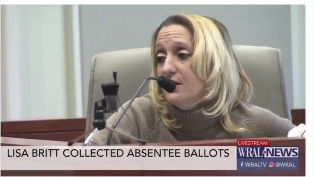 Lisa Britt, McCrae Dowless's step-daughter.
ATTORNEY: If it was unsealed and the ballot was not completely voted, you would fill in the other offices?
BRITT: Yes ma'am.
...
ATTORNEY: And who would have directed you to do that?
BRITT: Well we were directed by Mr. Dowless.