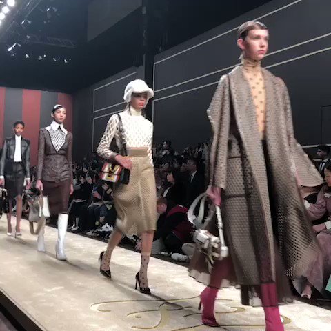 More final @fendi from Karl: laser-cur leather, logos, tailoring. Irony #MFW