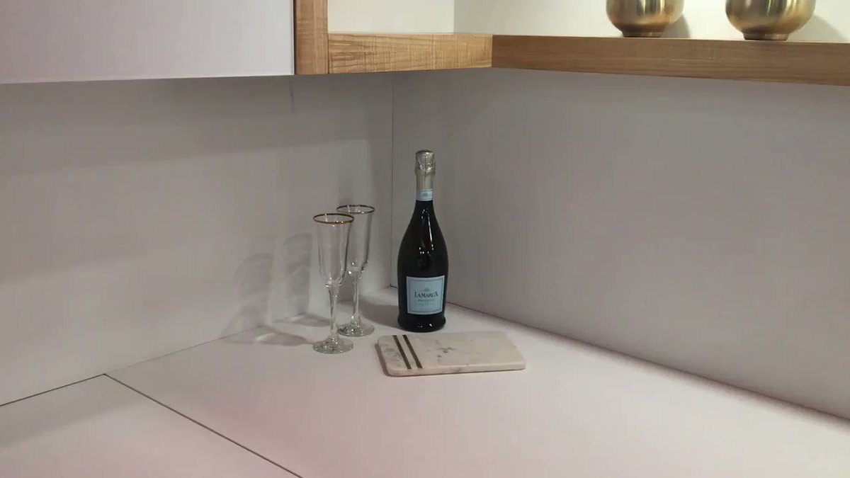 A7) Our motorized TV Lift hardware as a custom, hideaway knife block was a huge hit during KBIS. #KBTribeChat