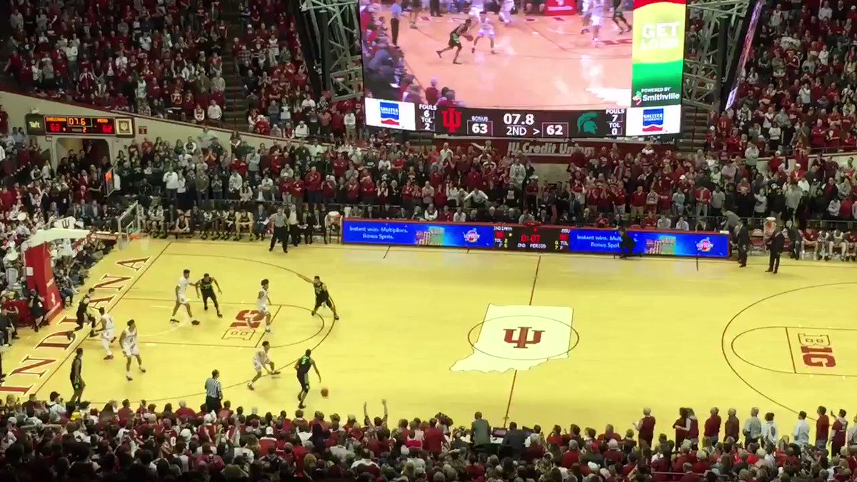 The last seconds of Indiana’s win over Michigan State, and Assembly Hall’s court-storming reaction. #iubb