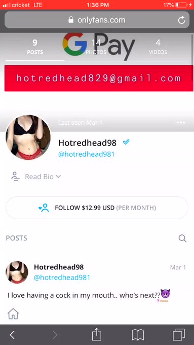 Go follow my only fans account if you want to bust one of the best nuts you&rsquo;ve had 😈💦 a lot of sexy content<a href="/tag/redhead"class="tags"><span>#redhead</span></a><a href="/tag/sugarbaby"class="tags"><span>#sugarbaby</span></a><a href="/tag/spoilme"class="tags"><span>#spoilme</span></a><a href="/tag/tipme"class="tags"><span>#tipme</span></a><a href="/tag/sugardaddywanted"class="tags"><span>#sugardaddywanted</span></a>