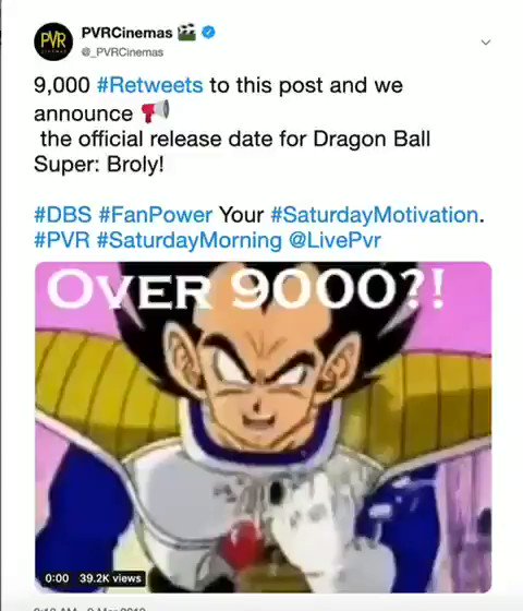 Looking forward to more love #DragonBallSuper fans. Lend us your energy!
#Retweet the below link to reach 9K for revealing the release date 🐉 #DBSBrolyAtPVR
http://bit.ly/DBS_ReleaseDate
