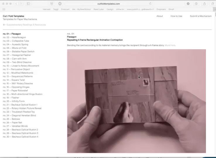 I started a database of paper mechanisms for my @sfpc students—with vector cut and fold templates, so they might be easily output to a plotter.
Please send your designs to me and I will add them! http://cutfoldtemplates.com