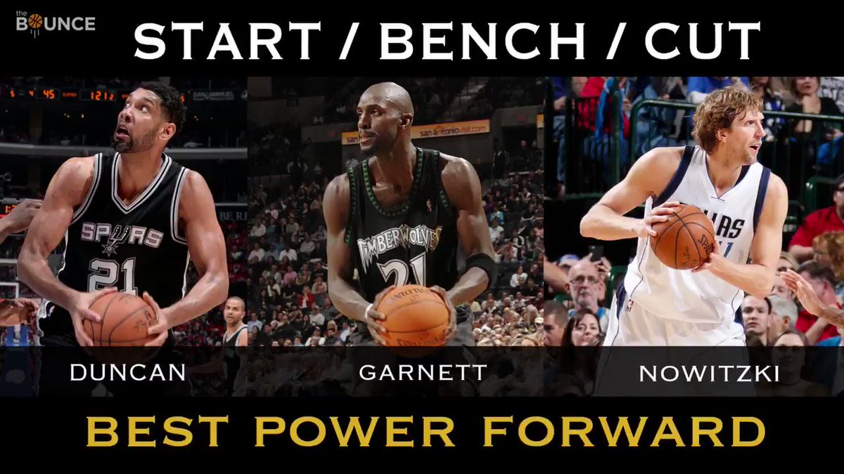 Start. Bench. Cut.
Kevin Garnett. Tim Duncan. Dirk Nowitzki.
What are you doin'? ⤵️ #TheBounce