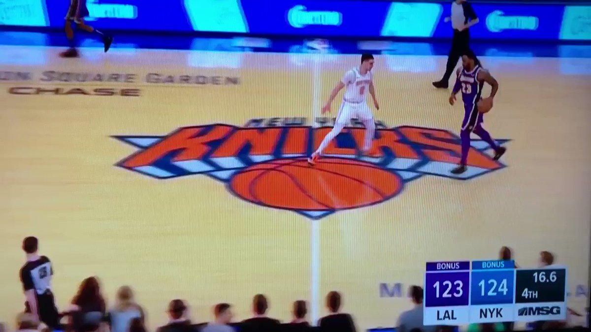 Knicks close the game on a 13-1 run to beat the Lakers 124-123.
Mario Hezonja blocks LeBron to seal the victory.
LeBron was just 4-of-15 in the 4th quarter.