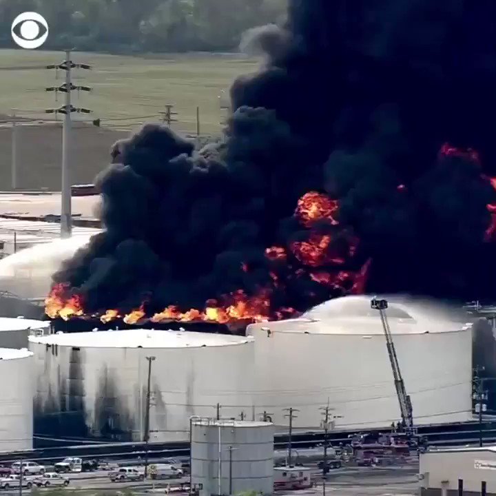 Huge flames and black smoke fill the sky near Houston, Texas, after a chemical plant caught fire.