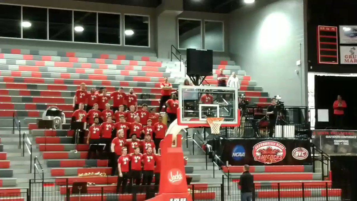 .@JSUNews, @Jacksonville_AL communities sing I'll Fly Away with the JSU pep band at the anniversary ceremony of the March 19 Tornado.