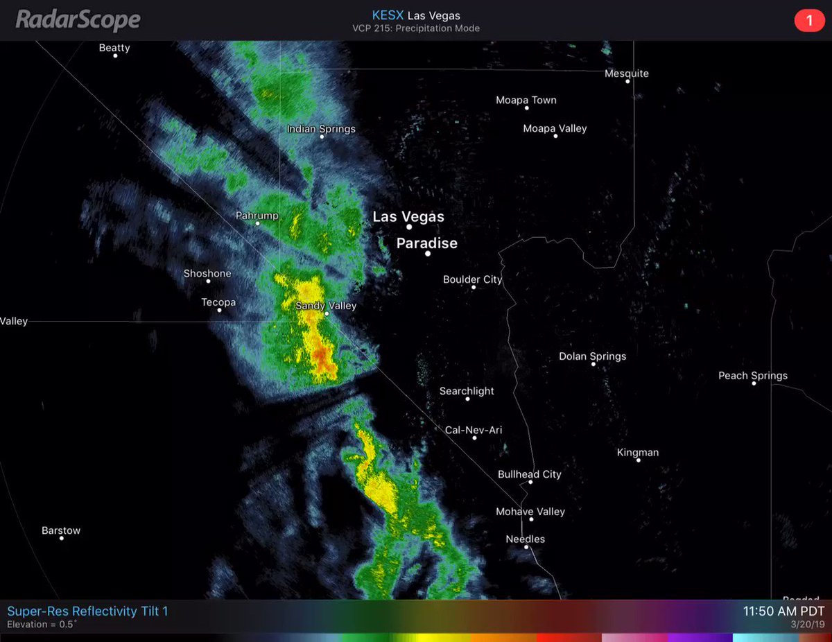 Radar Update! π‘π§
Seeing some heavier rain rates now near Sandy Valley where up to a quarter inch per hour rates are now possible. Valley rainfall still looks like sprinkles at best... #vegasweather #nvwx #cawx