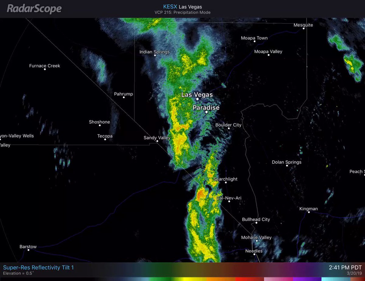 Radar Update! π‘π§
The band of showers continues to slowly creep eastward this afternoon and is bringing light rain to the valley as well as gusty winds of 25-35mph. #vegasweather #nvwx
