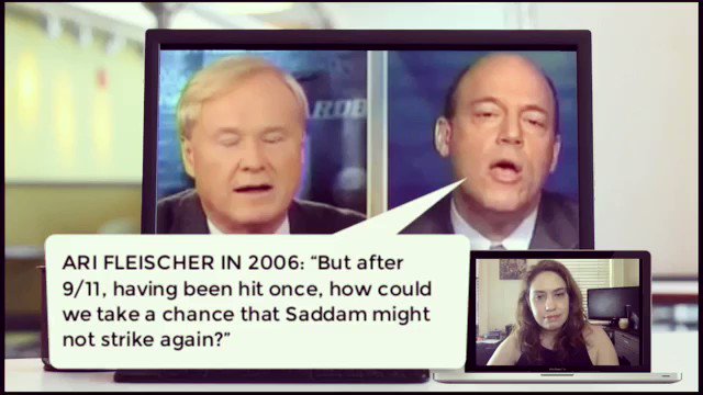 Here's @AriFleischer lying on @MSNBC in 2009, saying Saddam Hussein was responsible for 9/11: "having been hit once, how could we take a chance that Saddam might not strike again?" This was 3 years after Bush admitted that Iraq had nothing to do with 9/11. Fleischer is a disgrace
