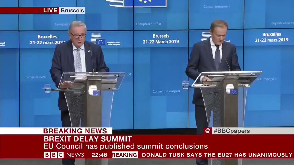 European Council President Donald Tusk tells media that EU leaders agree to delay the #Brexit process
- 22 May, if MPs approve UK PM's withdrawal deal next week, or
- 12 April, if the deal fails
http://bbc.in/2HyuuaEÂ