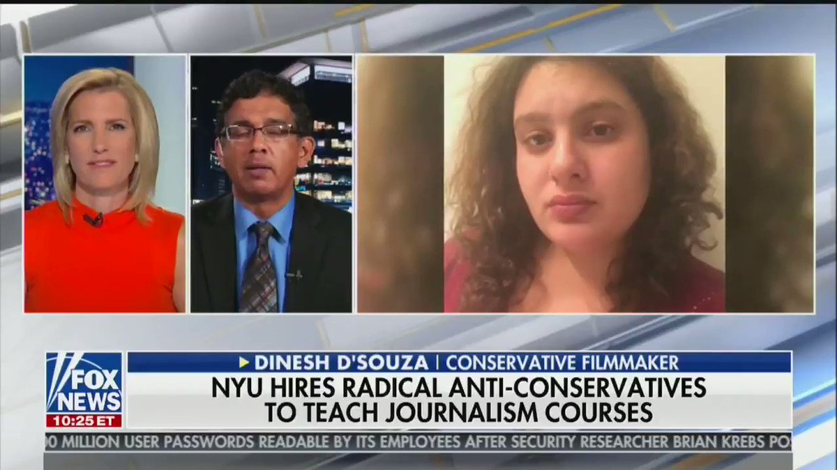 Here's Laura Ingraham displaying my face to 2.5 million viewers and calling me a "little journo-terrorist."
I am 29.
I have no full-time job.
I am teaching a single course, for $7k, as an adjunct.
This is insane. And irresponsible. It is incitement. It is not okay.