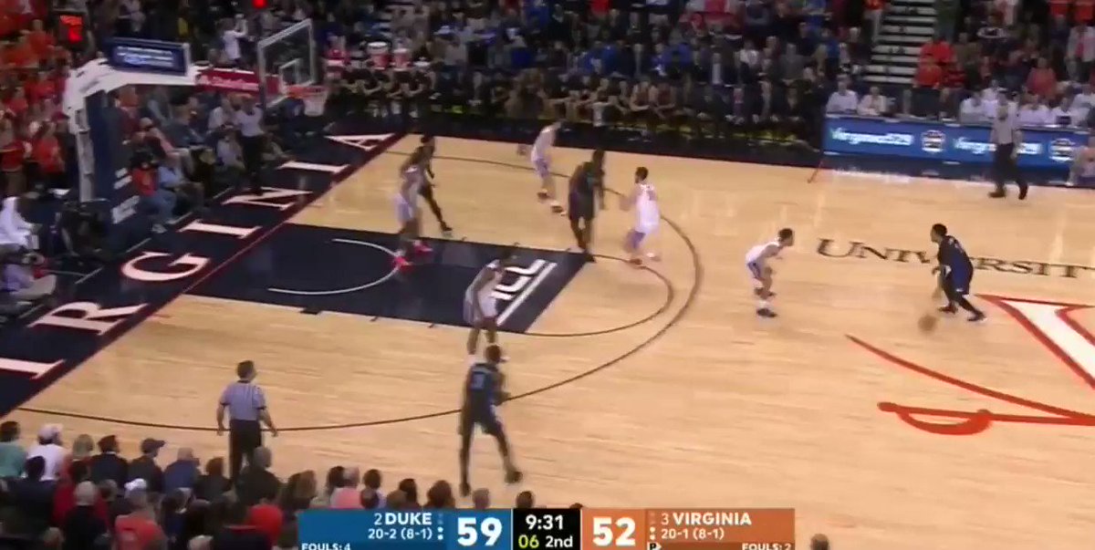 Last month, up at UVA. Splits the ball screen from Zion, finishes over the top from a step inside the free throw line.