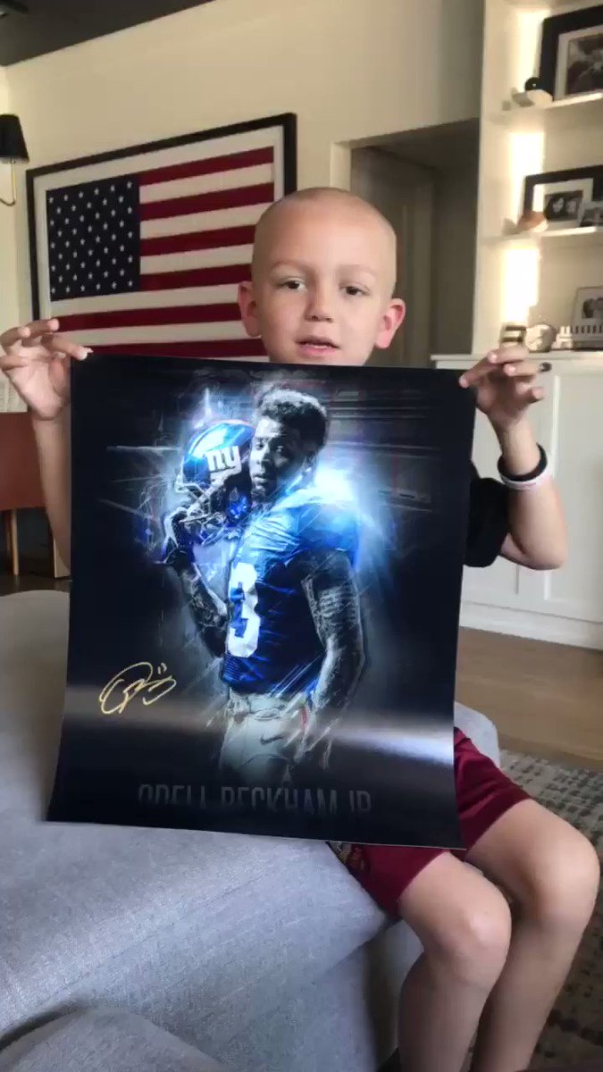 The power of sports goes way beyond winning and losing! During a time when we are looking for inspiration and hope, look no further than my man Carter Santos, who continues his courageous fight w/leukemia. Big ups to @obj/@JustinTuck for this great picture/autograph #CARTERSTRONG