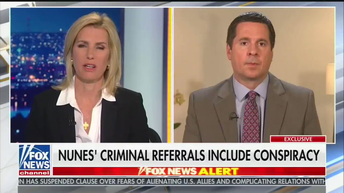 .@DevinNunes tells @IngrahamAngle he's interested in the origins of three specific areas of the Mueller Investigation.
"If Mueller can't get to the bottom of this and answers this for the American people, I don't know what the report was really worth."