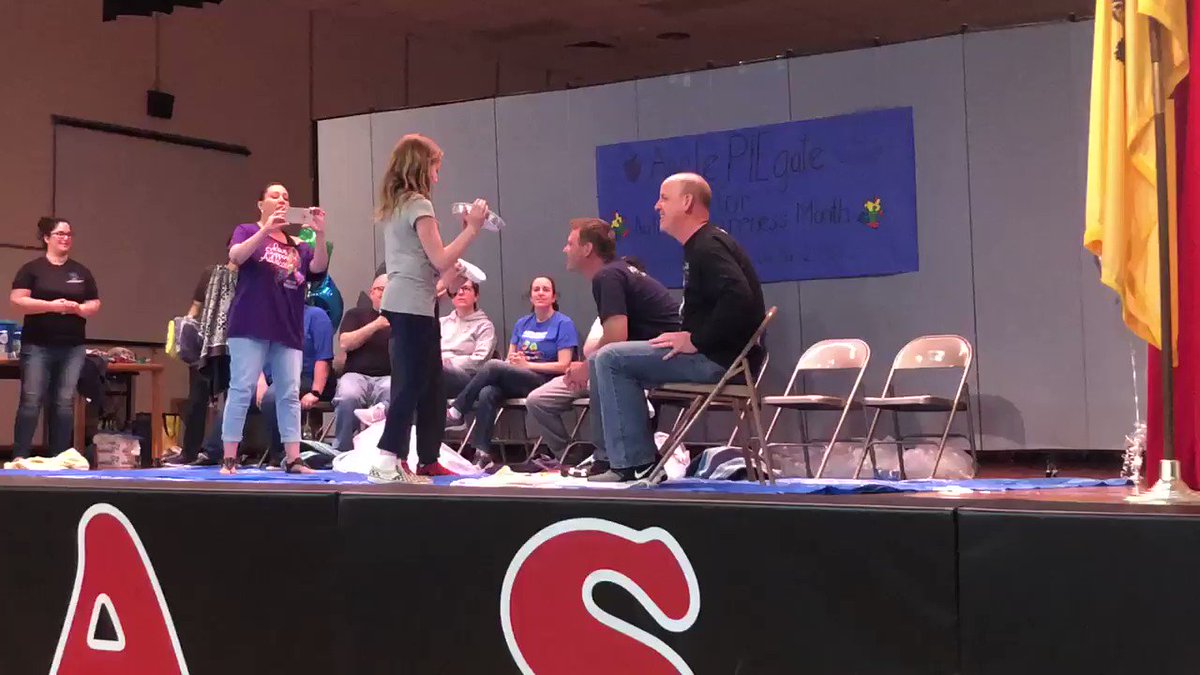 Mr. Millaway & Mr. Eichner getting pied in the face to support a great cause!🥧 #ApplePiegate #AutismAwarenessMonth @CRAMrMillaway @CRA_Bulldogs @ApplegatePE