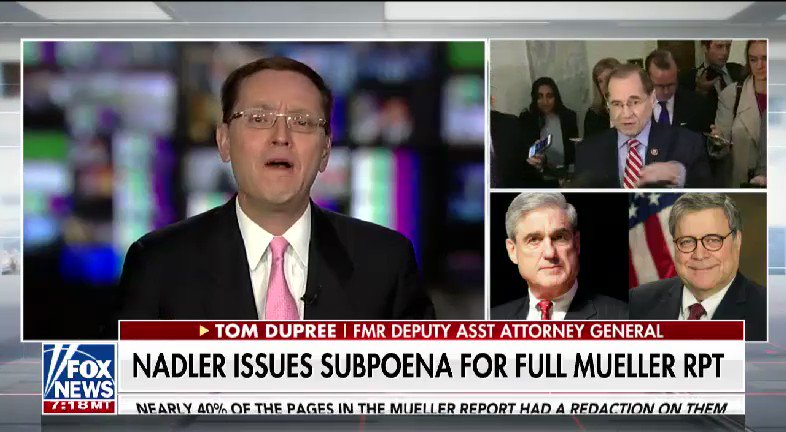LISTEN: @BillHemmer got reaction from former Deputy Assistant Attorney General Tom Dupree after @RepJerryNadler issues a subpoena for the full Mueller report #nine2noon