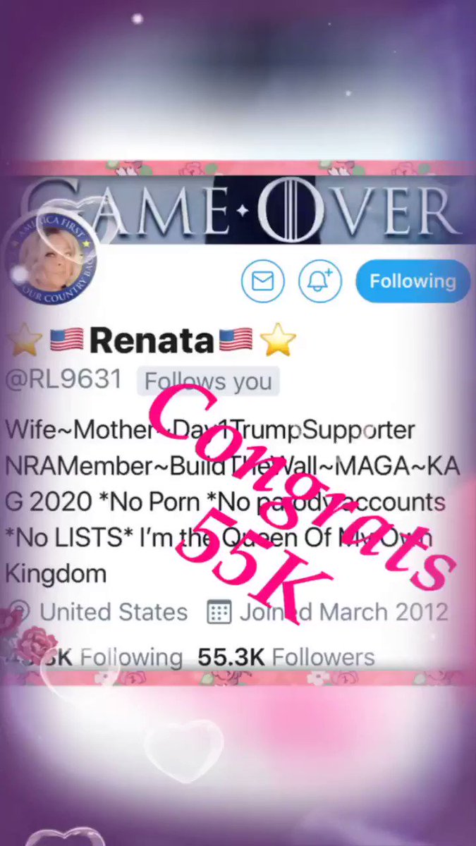 💃💃🕺 RETWEET 💃💃🕺
💋Patriots Please Join Me💋
💝CONGRATULATING💝
👠A Wonderful Friend👠
🌟🌟🌟@RL9631 🌟🌟🌟
❣️ on 55K Followers ❣️
🇺🇸 She is 💯 MAGA 🇺🇸
💃💥THANK YOU💥💃