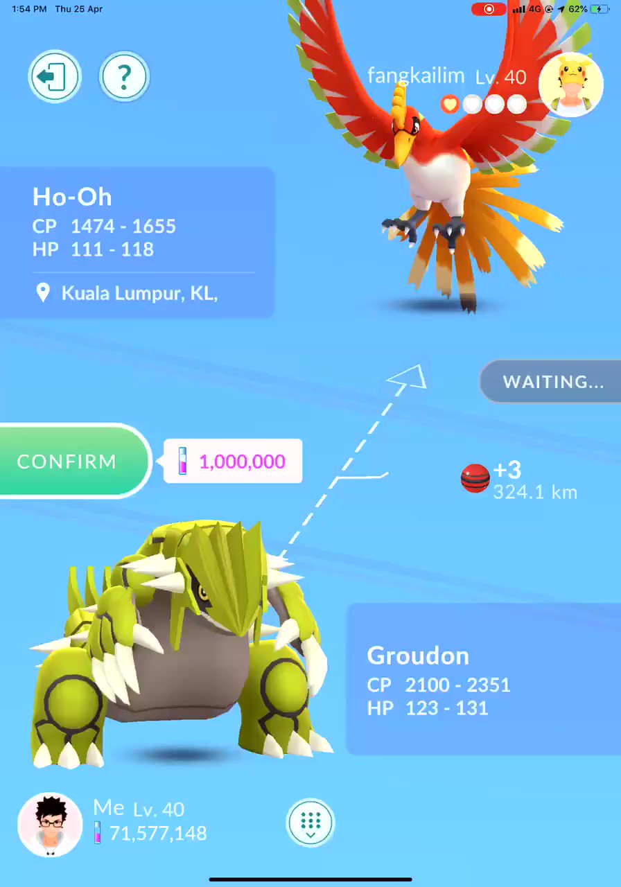 Brandontan91 On Twitter First Ever 1m Stardust Trade With A New Friend In Malaysia Who Wanted A Shiny Groudon From Me Tried Getting A Great League Viable Ho Oh But Still No
