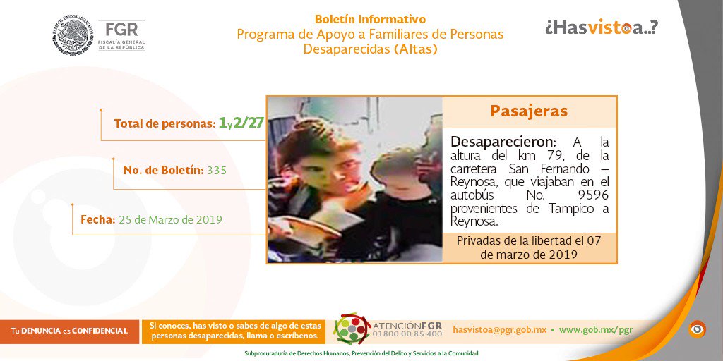 Comparte los avisos de la #FGR sobre el Programa de Apoyo a Familiares de Personas Desaparecidas #HasVistoA. Alguien puede tener algún dato que ayude a localizar a las personas descritas en la siguiente publicación. Llama al 01 800 00 85 400 o escribe a hasvistoa@pgr.gob.mx