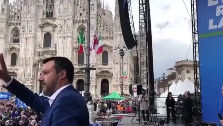 Huge rally for #26MaggioVotoLega in Milan’s Piazza Duomo with Matteo Salvini, Marine Le Pen, and other European leaders who hope to make "sovereigntists" the largest political force in the next European Parliament.