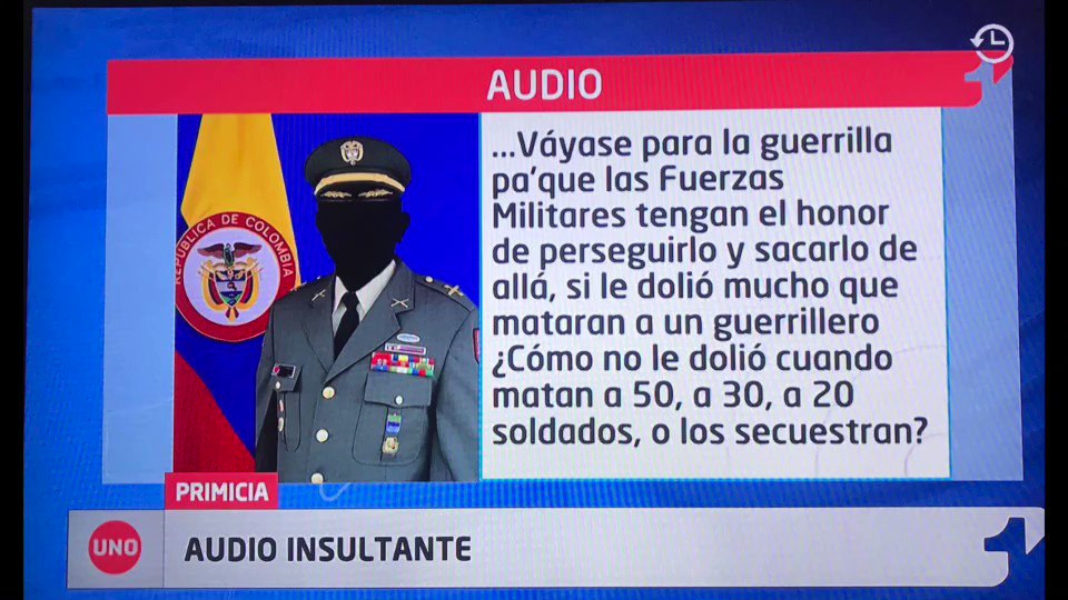 Este fue el audio que recibí, publicado en @NoticiasUno, en el que un miembro de Ejército insulta al Gral Villegas quien pidió perdón por el asesinato de Dimar Torres a manos de las FFMM.Parece que defender la paz y ceñirse a cumplimiento de los DDHH no es política del Gobierno