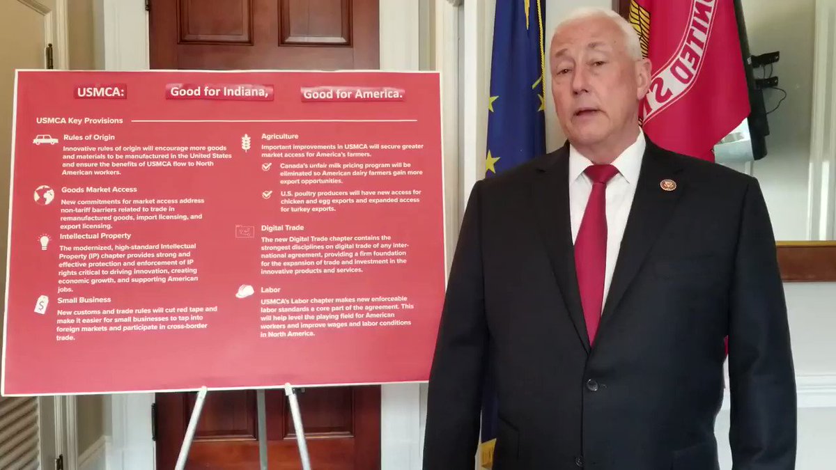 It's time for Congress to do its job and pass the #USMCA. This agreement means more jobs, higher wages and increased innovation. Why is @SpeakerPelosi holding this up? Let's do whats right for Hoosiers, and ALL Americans.