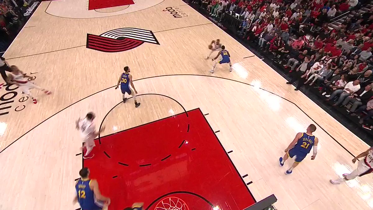 Q2 5:33 - Here's a good example of a gather and continuation play. Lillard's "gather" is considered when he ends his dribble and has control of the ball. He is then fouled by Bogut who slides over late and bumps Lillard as he shoots. It's a correct call. #RefWatchParty