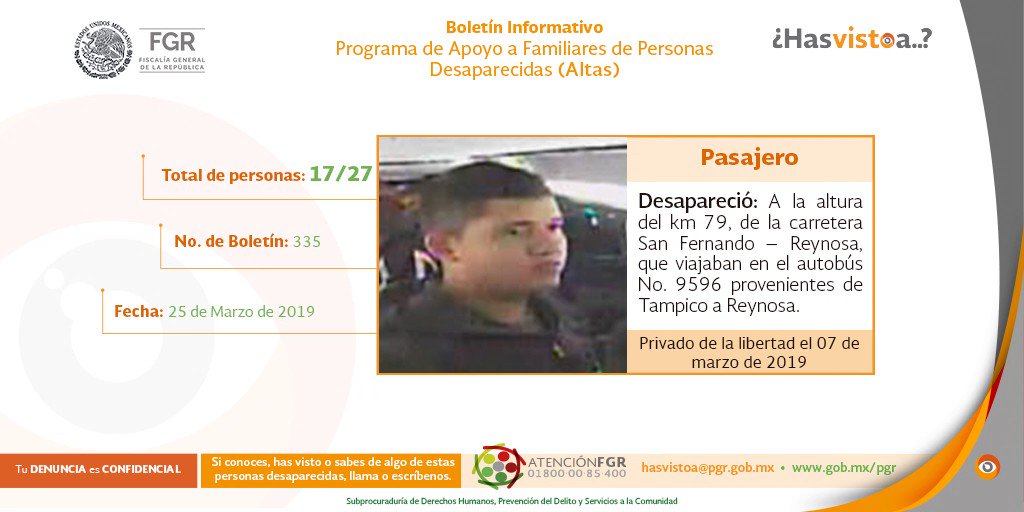 Ayuda a difundir, alguien puede tener algún dato que contribuya a encontrar a estas personas o si #HasVistoA, tienes alguna información que permita su localización, llama al 01 800 00 85 400 o escribe a hasvistoa@pgr.gob.mx. #AtenciónFGR