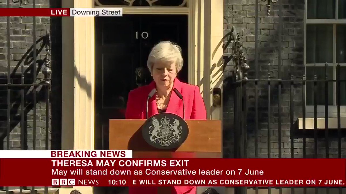 A tearful Theresa May says serving as prime minister has been "the honour of my life", saying she is proud to have been the second female leader of the UK
Live updates: http://bbc.in/2HQKCSu